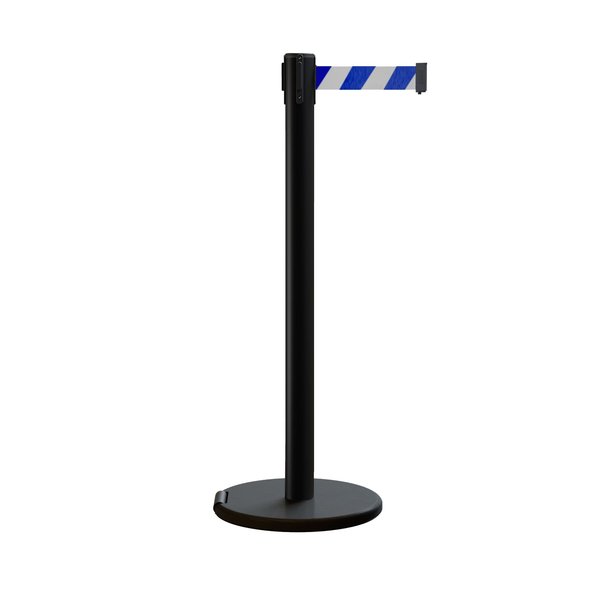 Montour Line Retractable Belt Rolling Stanchion, 2.5ft Black Post  9ft. Blu/Wh Belt ME630-BK-BWD-90